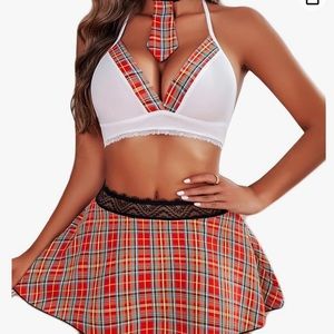 Avidlove Schoolgirl Lingerie Set Plaid Mini Skirt Lingerie w/ Choker size XL set